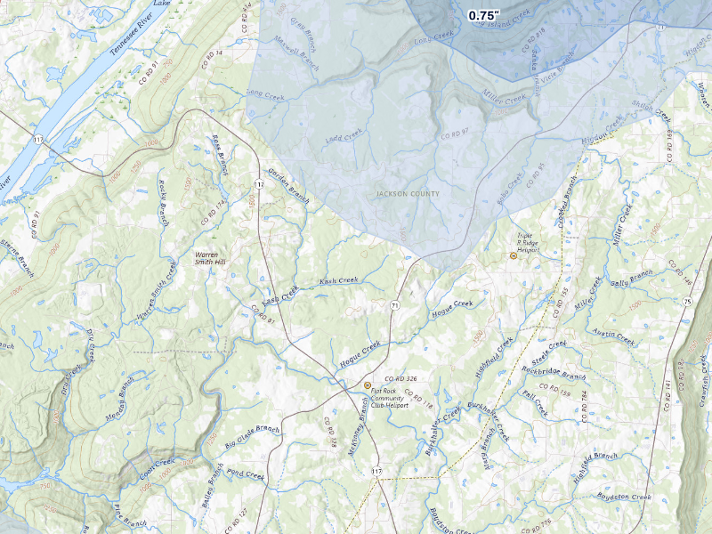 NEXRAD radar-signature map of the hail storm over Flat Rock, AL on Aug 20, 2026