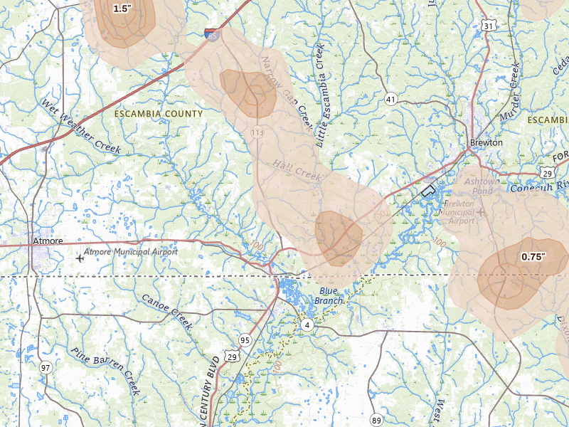 Radar-estimated hail-size map of the storm over Flomaton, AL on Aug 18, 2026