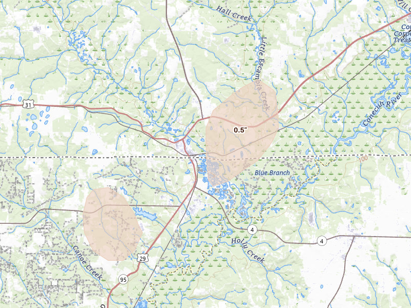 Radar-estimated hail-size map of the storm over Flomaton, AL on Aug 20, 2026
