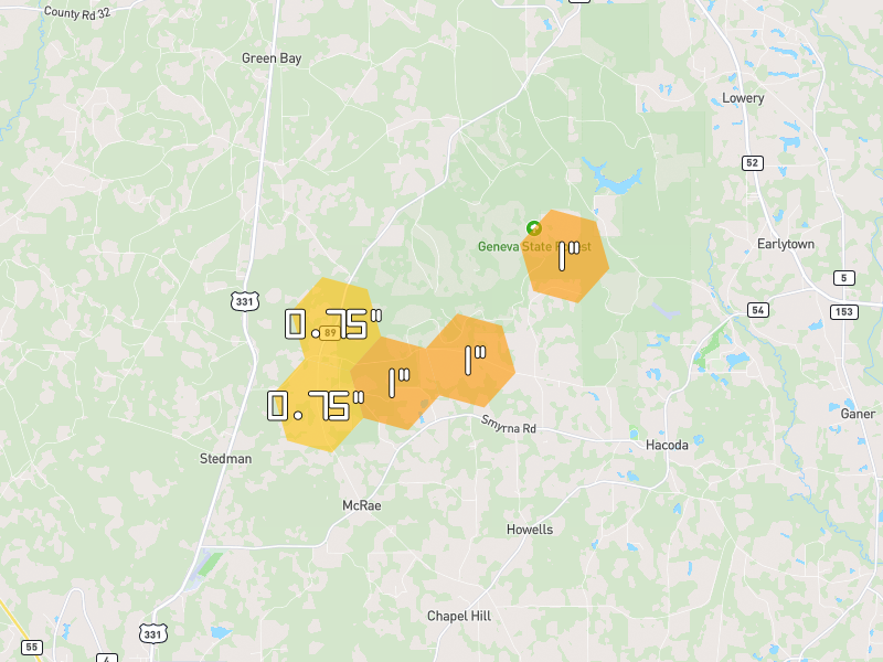 Hail map of Florala, AL on Jul 1, 2026, hail up to 1"
