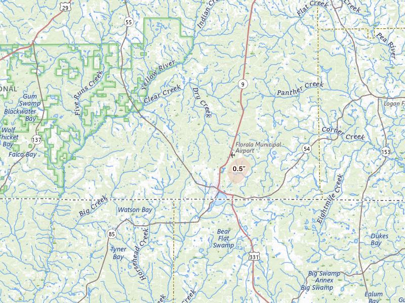 Radar-estimated hail-size map of the storm over Florala, AL on Jul 7, 2026