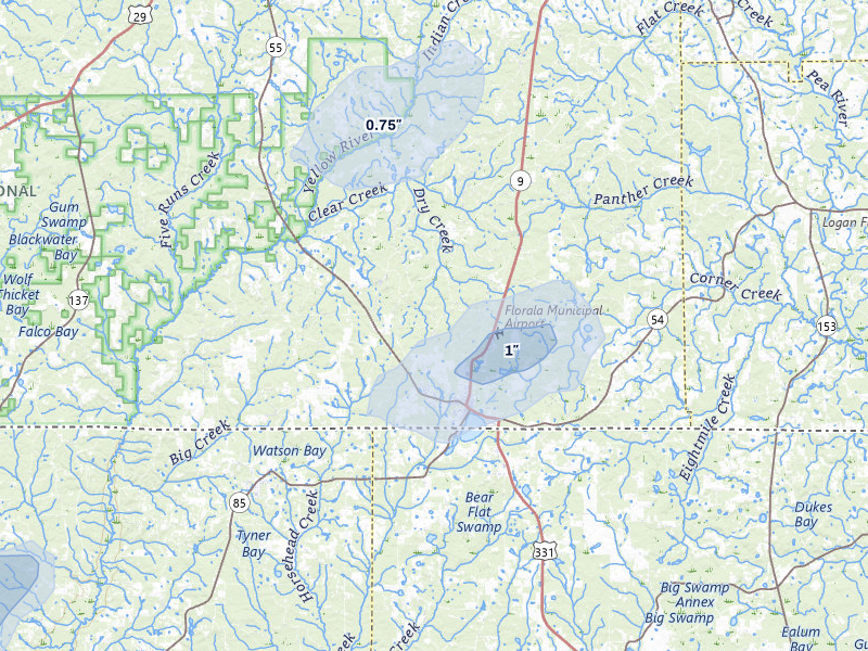 NEXRAD radar-signature map of the hail storm over Florala, AL on Jul 7, 2026