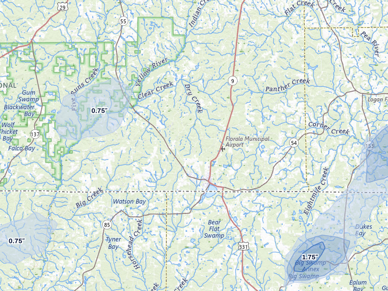 NEXRAD radar-signature map of the hail storm over Florala, AL on Jul 10, 2026