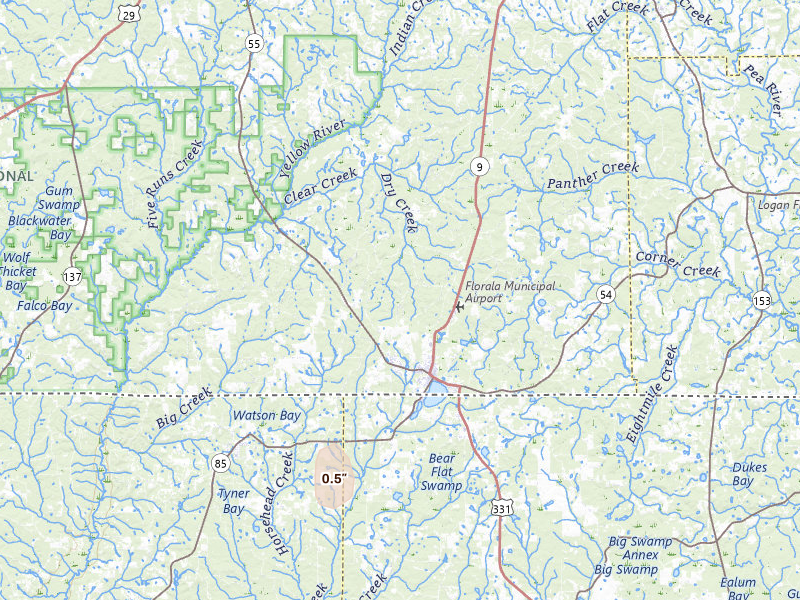 Radar-estimated hail-size map of the storm over Florala, AL on Jul 30, 2026
