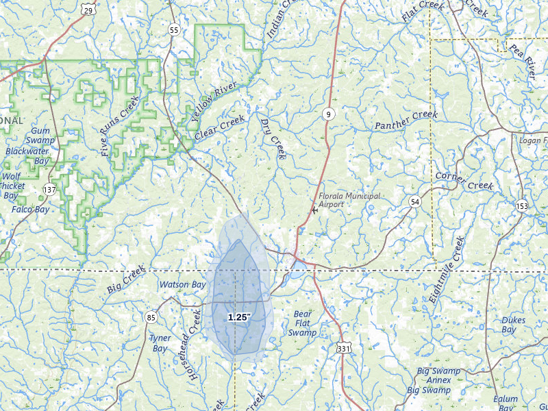 NEXRAD radar-signature map of the hail storm over Florala, AL on Jul 30, 2026