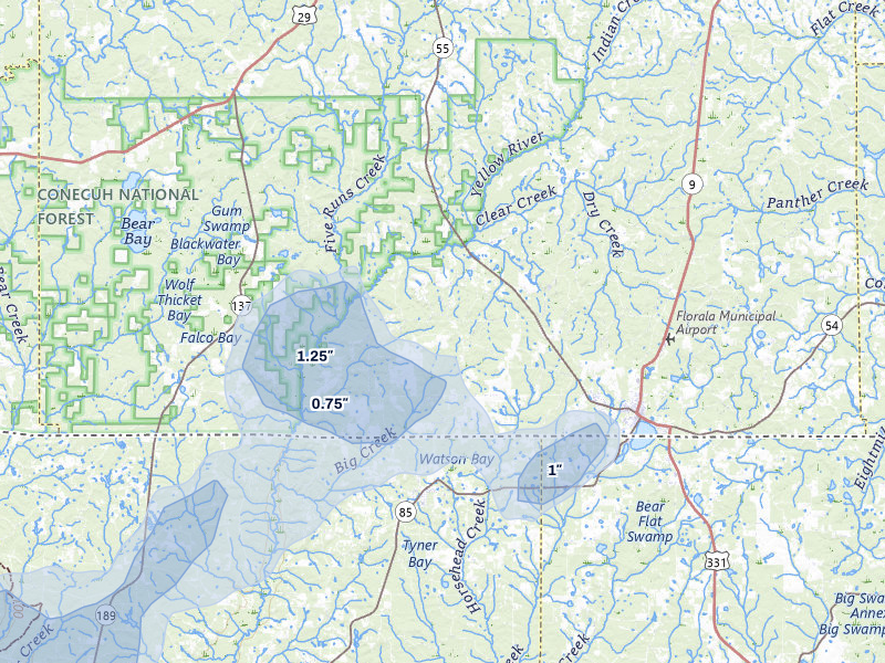 NEXRAD radar-signature map of the hail storm over Florala, AL on Aug 19, 2026