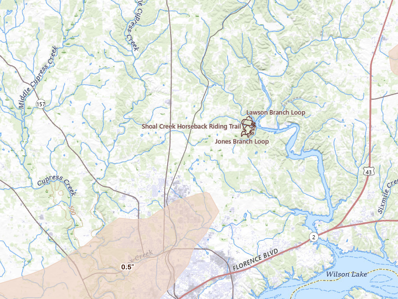 Radar-estimated hail-size map of the storm over Florence, AL on Mar 15, 2026