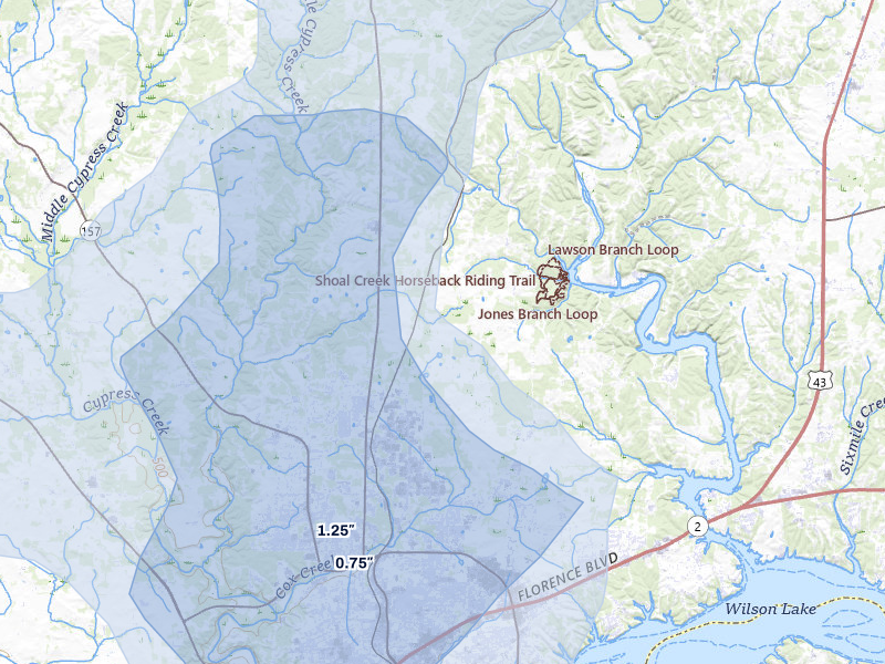 NEXRAD radar-signature map of the hail storm over Florence, AL on Jul 3, 2026