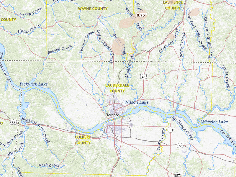 Radar-estimated hail-size map of the storm over Florence, AL on Jul 5, 2026