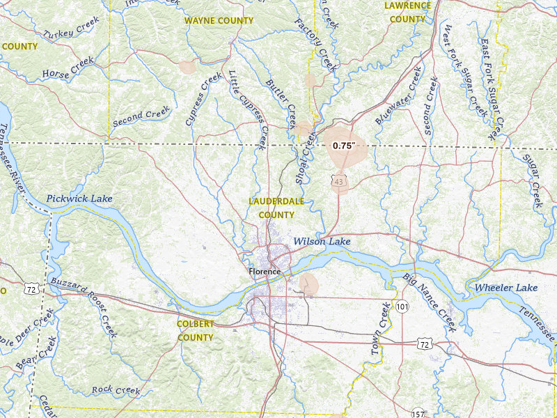Radar-estimated hail-size map of the storm over Florence, AL on Jul 19, 2026