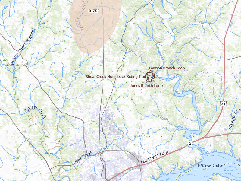 Radar-estimated hail-size map of the storm over Florence, AL on Jul 20, 2026