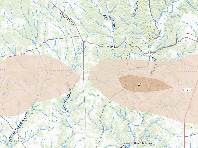 Radar-estimated hail-size map of the storm over Florence, AL on Aug 20, 2026