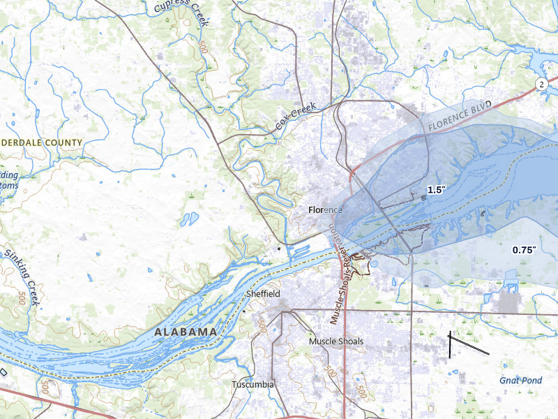 NEXRAD radar-signature map of the hail storm over Florence, AL on Aug 20, 2026