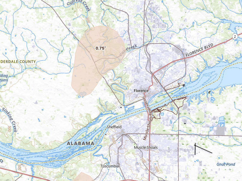Radar-estimated hail-size map of the storm over Florence, AL on Sep 4, 2026