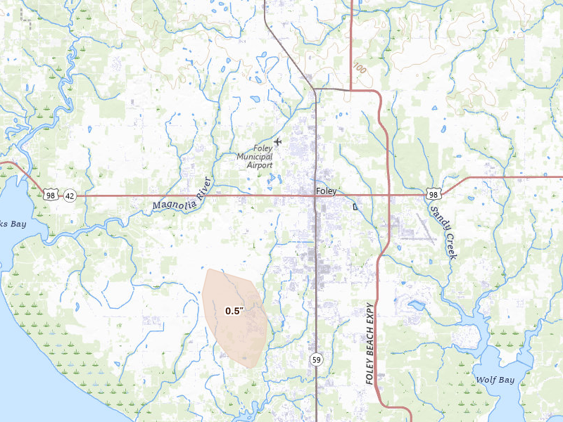 Radar-estimated hail-size map of the storm over Foley, AL on Jul 29, 2026