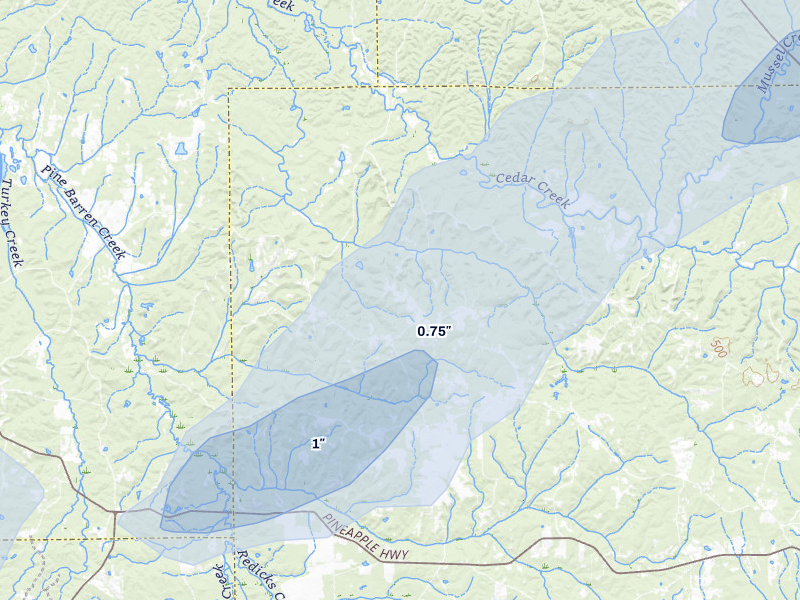 NEXRAD radar-signature map of the hail over Forest Home, AL