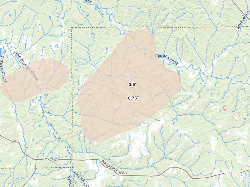 Radar-estimated hail-size map of the storm over Forest Home, AL on Jun 30, 2026