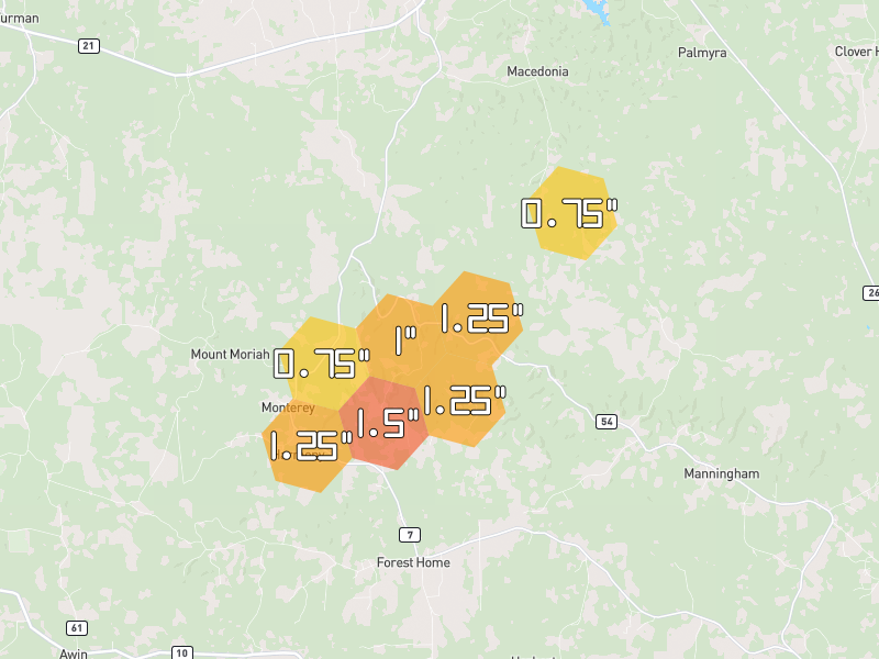 Hail map of Forest Home, AL on Jun 30, 2026, hail up to 1.5"