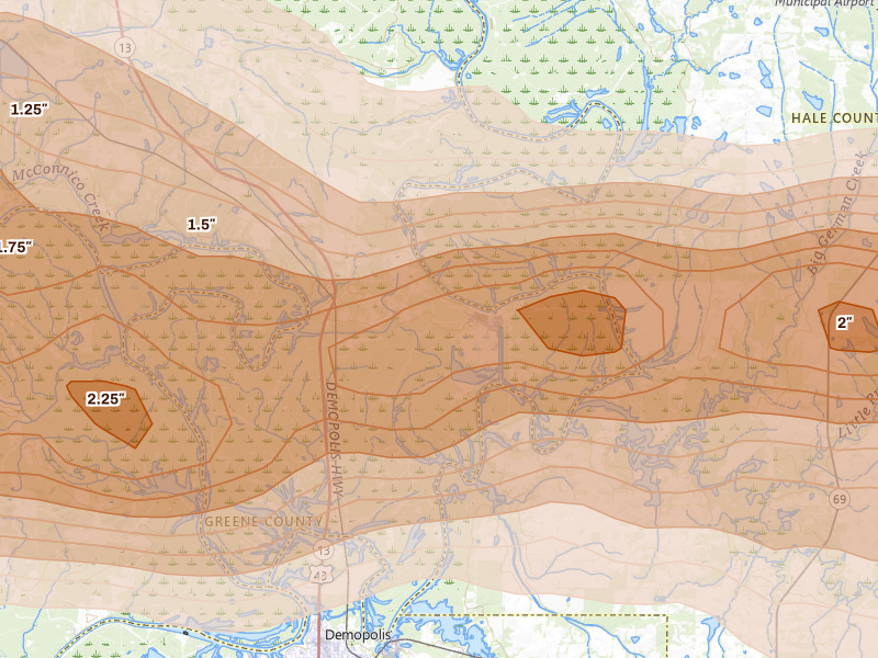 Radar-estimated hail-size map of the storm over Forkland, AL on May 6, 2026