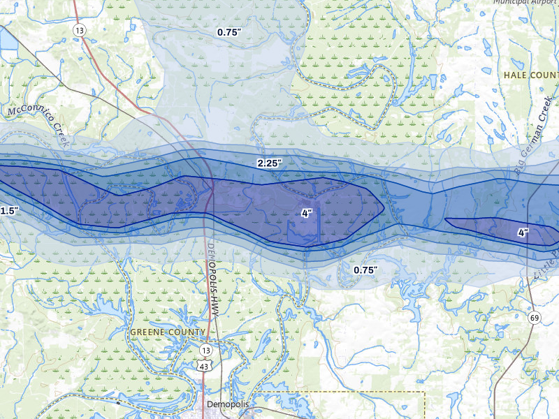 NEXRAD radar-signature map of the hail storm over Forkland, AL on May 6, 2026