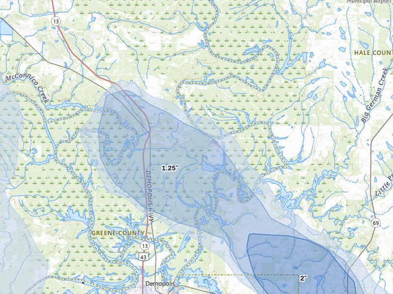 NEXRAD radar-signature map of the hail storm over Forkland, AL on Jun 1, 2026