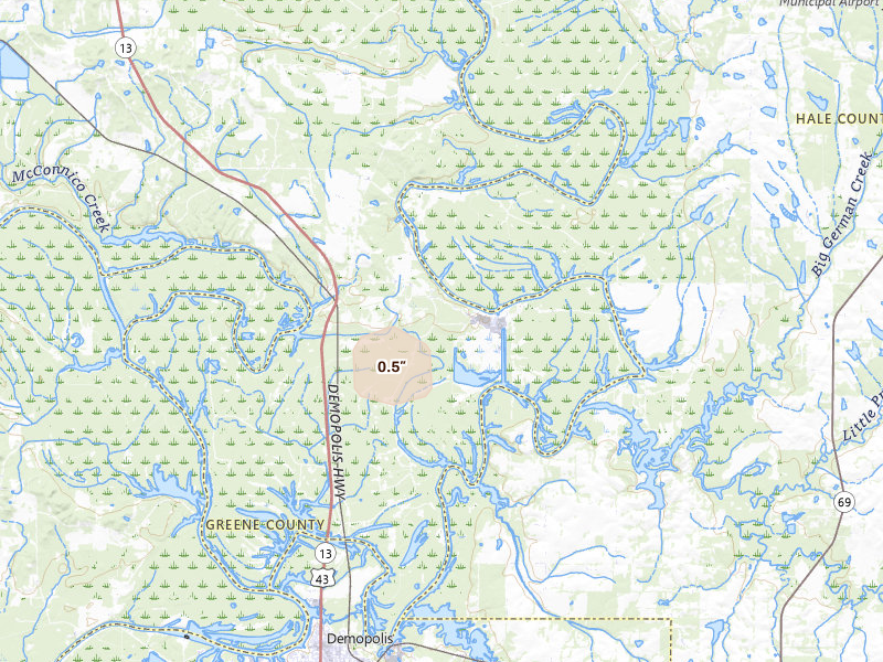 Radar-estimated hail-size map of the storm over Forkland, AL on Aug 9, 2026