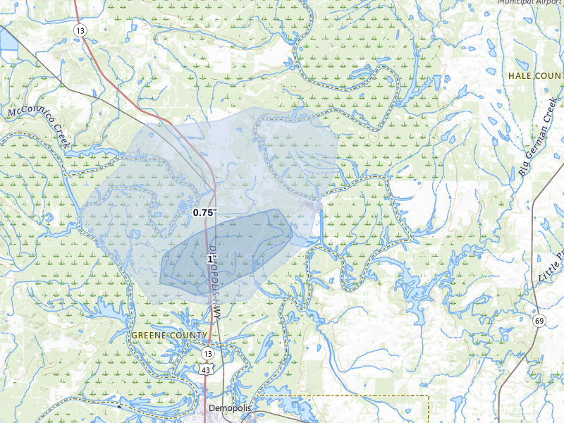 NEXRAD radar-signature map of the hail storm over Forkland, AL on Aug 9, 2026