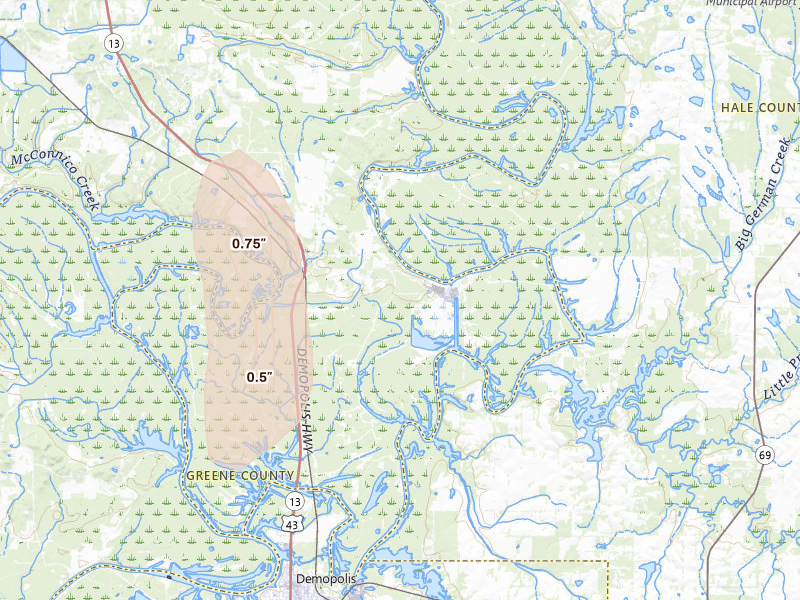 Radar-estimated hail-size map of the storm over Forkland, AL on Aug 19, 2026