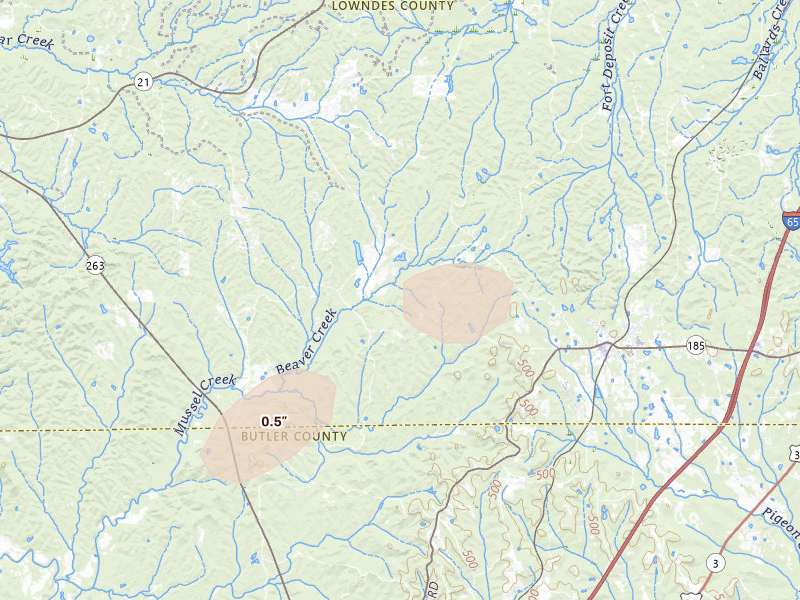 Radar-estimated hail-size map of the storm over Fort Deposit, AL on Mar 15, 2026