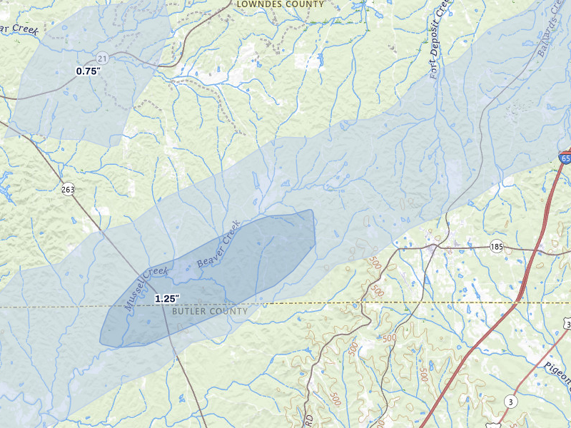 NEXRAD radar-signature map of the hail over Fort Deposit, AL