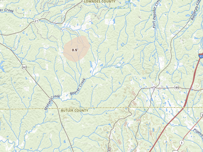Radar-estimated hail-size map of the storm over Fort Deposit, AL on May 23, 2026