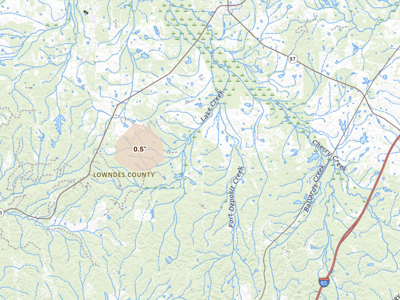 Radar-estimated hail-size map of the storm over Fort Deposit, AL on Aug 17, 2026