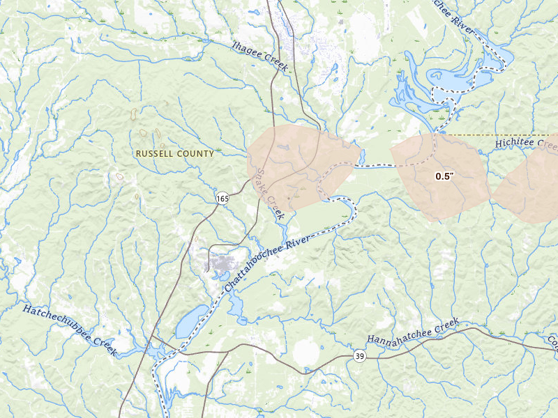 Radar-estimated hail-size map of the storm over Fort Mitchell, AL on May 6, 2026