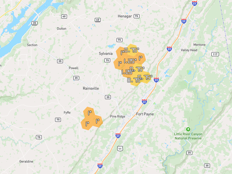 Hail map of Fort Payne, AL on Jul 3, 2026, hail up to 1.25"