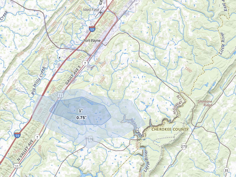 NEXRAD radar-signature map of the hail storm over Fort Payne, AL on Jul 9, 2026