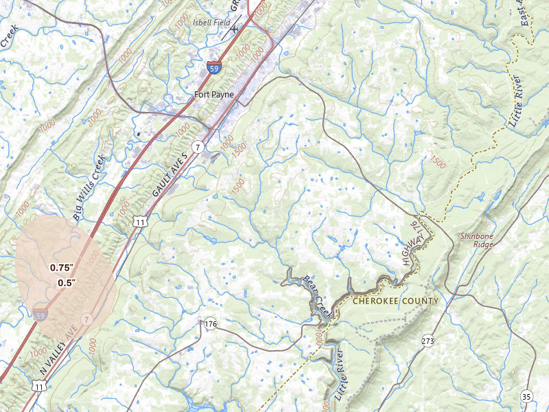 Radar-estimated hail-size map of the storm over Fort Payne, AL on Jul 19, 2026