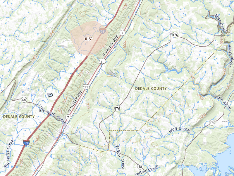 Radar-estimated hail-size map of the storm over Fort Payne, AL on Aug 8, 2026