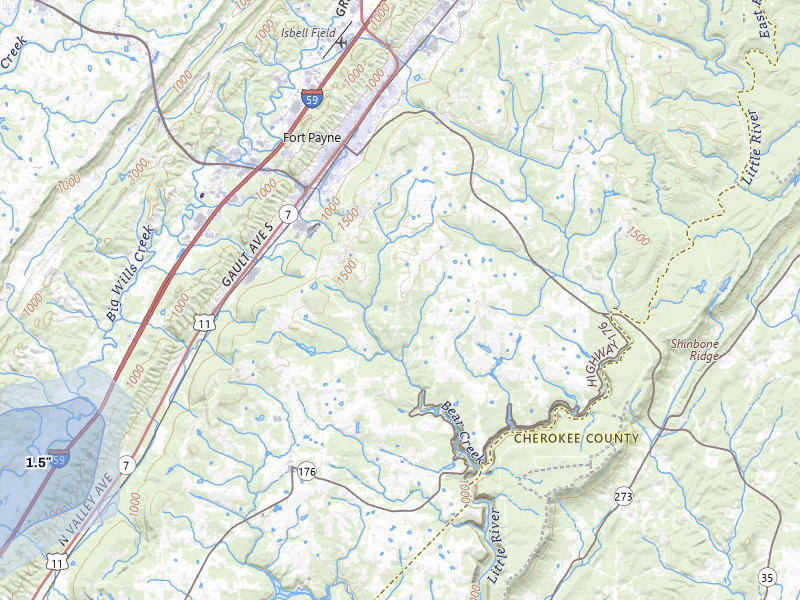 NEXRAD radar-signature map of the hail storm over Fort Payne, AL on Aug 8, 2026