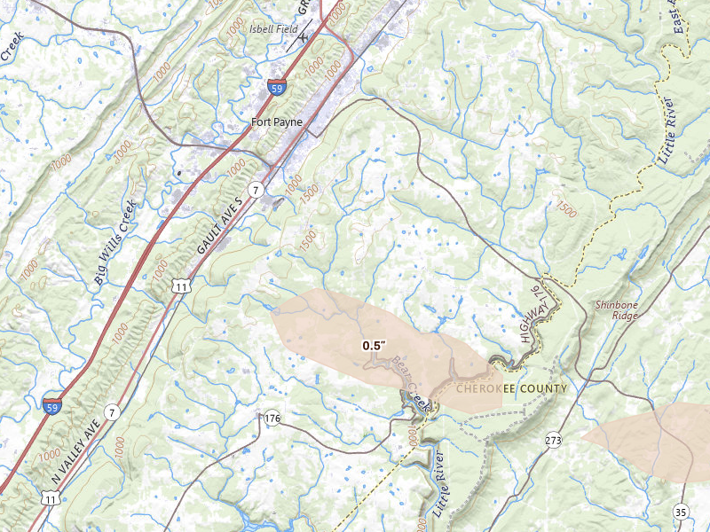 Radar-estimated hail-size map of the storm over Fort Payne, AL on Aug 11, 2026