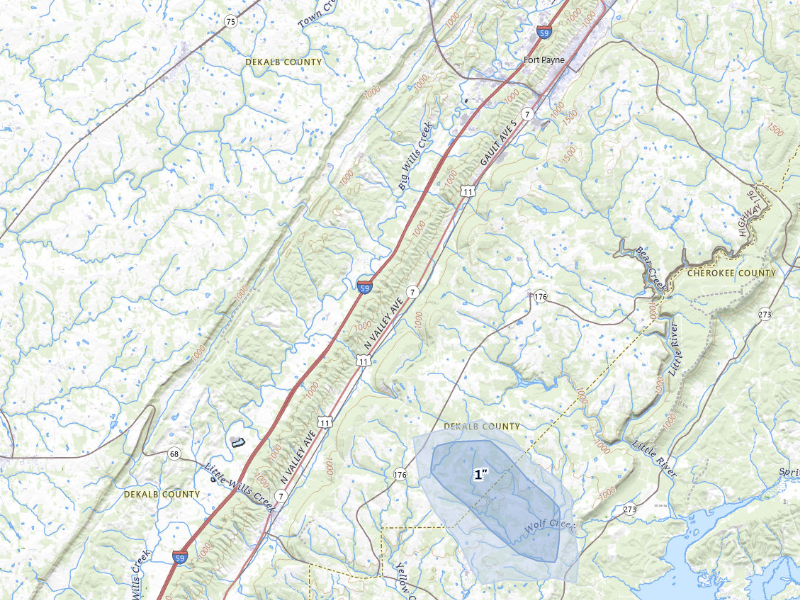 NEXRAD radar-signature map of the hail storm over Fort Payne, AL on Sep 5, 2026