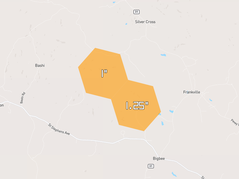 Hail map of Frankville, AL on Jun 1, 2026, hail up to 1.25"