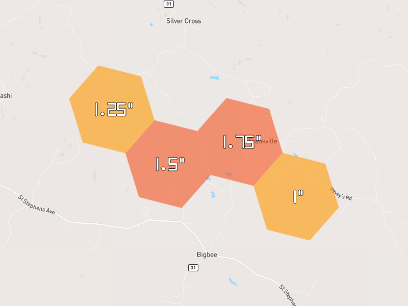 Hail map of Frankville, AL on Jun 2, 2026, hail up to 1.75"