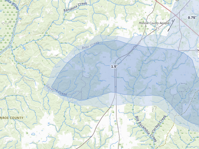 NEXRAD radar-signature map of the hail over Frisco City, AL
