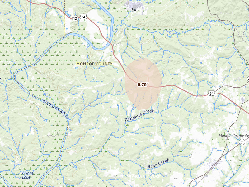 Radar-estimated hail-size map of the storm over Frisco City, AL on Aug 13, 2026