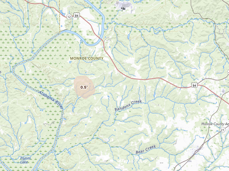 Radar-estimated hail-size map of the storm over Frisco City, AL on Aug 19, 2026