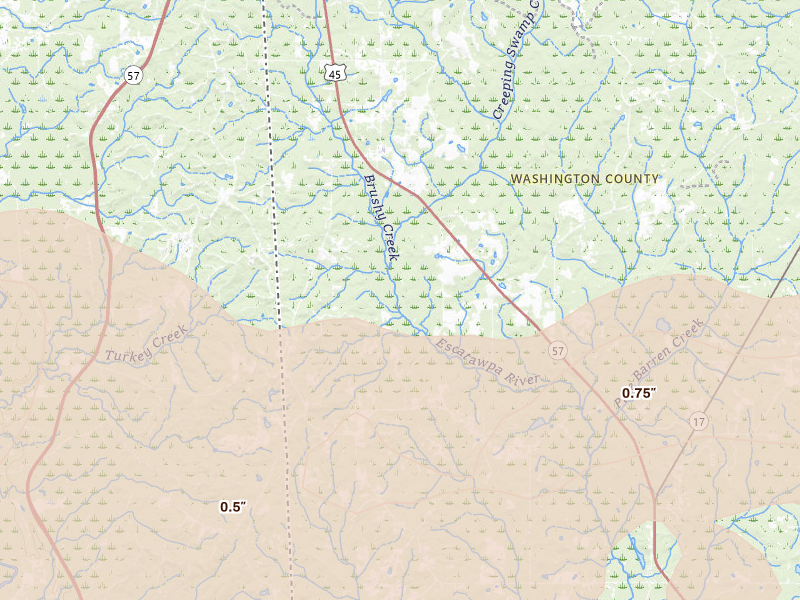 Radar-estimated hail-size map of the storm over Fruitdale, AL on May 6, 2026
