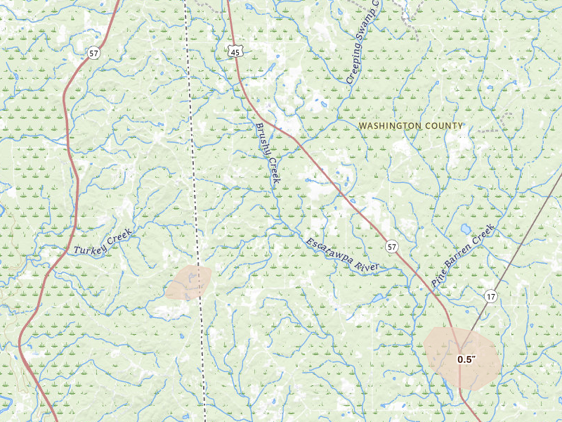 Radar-estimated hail-size map of the storm over Fruitdale, AL on Aug 20, 2026