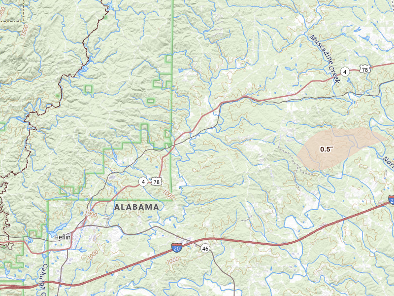 Radar-estimated hail-size map of the storm over Fruithurst, AL on Jul 1, 2026
