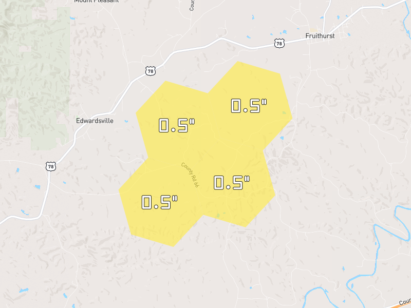 Hail map of Fruithurst, AL on Jul 1, 2026, hail up to 0.5"