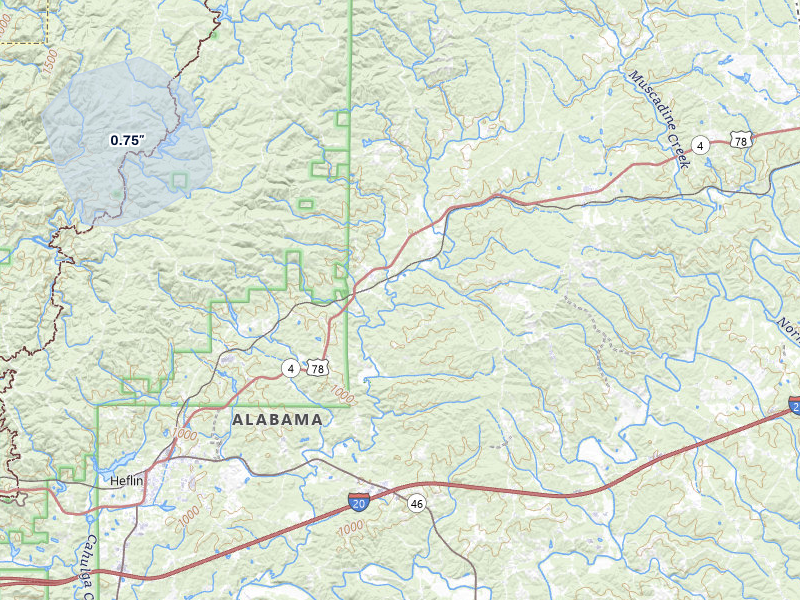 NEXRAD radar-signature map of the hail storm over Fruithurst, AL on Jul 3, 2026